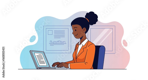 African American businesswoman working on laptop, ideal for website banners, business presentations, and marketing materials.