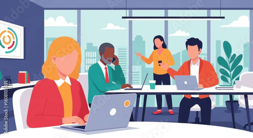 Diverse team collaborating in a modern office, ideal for business presentations and website landing pages.