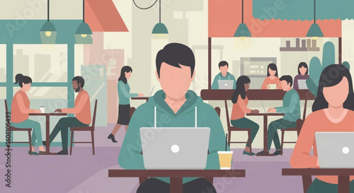 Diverse group of people working on laptops in a modern cafe, perfect for illustrating remote work, coworking spaces, or a tech startup's landing page.