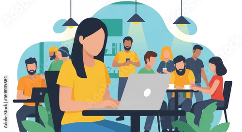 Diverse group of people working and socializing in a modern cafe, ideal for illustrating collaboration and teamwork for websites and presentations.