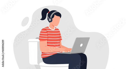 Woman working on laptop while sitting on toilet - Illustration for articles about work-life balance, remote work, or humorous situations.