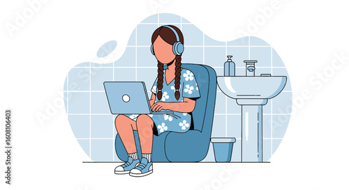 Girl using laptop in bathroom, perfect for blog posts about remote work or digital wellbeing.