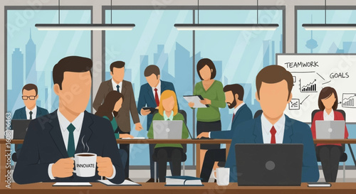Diverse business team collaborating in a modern office, perfect for website banners or presentations.