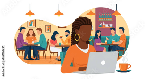 Woman working on laptop in a busy cafe, ideal for website banners or social media posts about remote work or coffee culture.