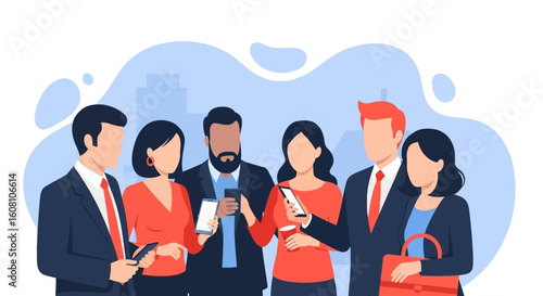Diverse business team using smartphones, ideal for website banners or presentations.