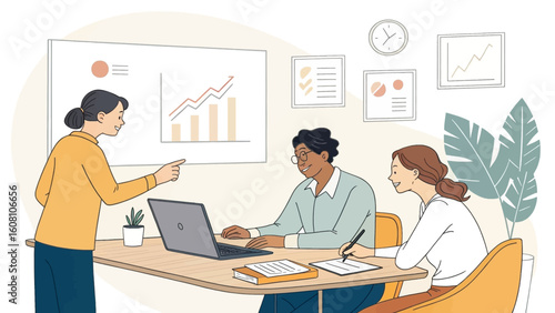 Diverse team collaborating on a project, reviewing data and charts. Perfect for business presentations, websites, and marketing materials.