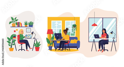 Diverse team working remotely from home offices, perfect for illustrating telecommuting, work from home, or flexible work arrangements.