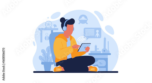 Person using tablet, wearing headphones, sitting cross-legged - perfect for website banners, app interfaces, or blog posts about remote work.