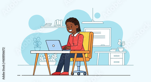 Happy woman working on laptop in modern office, perfect for website or blog.