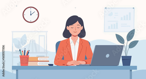 Calm businesswoman working at her desk, perfect for websites or brochures promoting work-life balance.