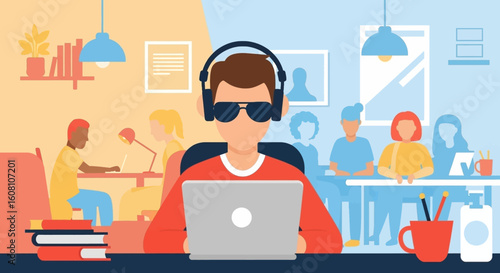 Modern co-working space illustration, perfect for websites and brochures promoting collaborative work.