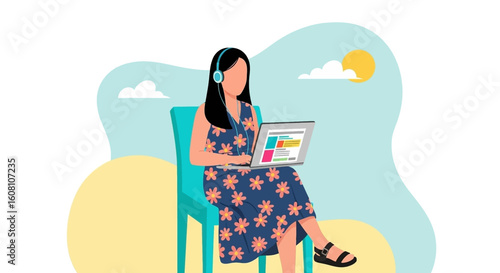 Woman working on laptop outdoors, perfect for website banners or blog posts about remote work and summer productivity.