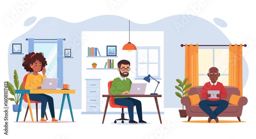 Diverse group of people working remotely from home, perfect for illustrating work-from-home concepts.