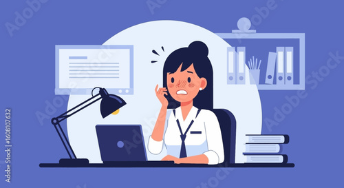 Stressed businesswoman working late at her desk, perfect for illustrating burnout or work overload in articles or presentations.