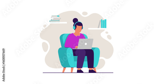 Woman working from home on laptop, wearing headphones. Ideal for blogs, websites, and articles about remote work.