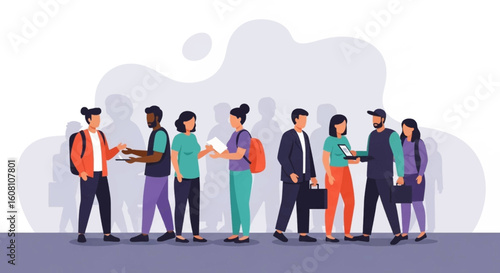 Diverse group of people networking and exchanging information, ideal for business presentations or websites.
