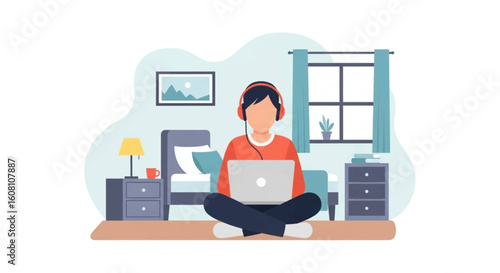 Person working from home on laptop, wearing headphones, illustration for blog, website or article.