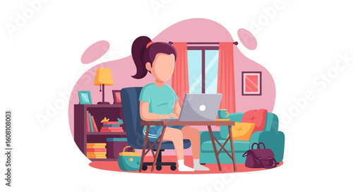 Young woman working from home on laptop, perfect for remote work, freelance, or online education websites and brochures.