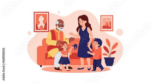 Happy multigenerational family interacting at home, perfect for family, togetherness, and generational themes.
