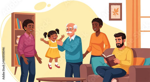 Happy multigenerational family spending time together at home, perfect for family, togetherness, and wellbeing marketing materials.
