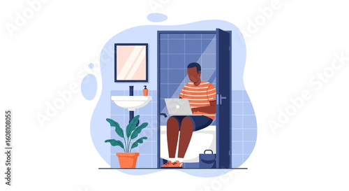 Man working on laptop in bathroom - Illustration for articles about work-life balance, remote work challenges, or humor.