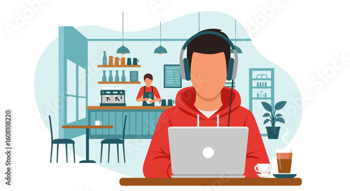 Person working on laptop in a coffee shop, perfect for blog posts about remote work or cafe culture.