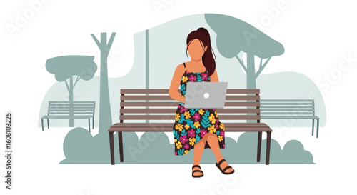 Woman working on laptop in park, perfect for blog post or website banner.