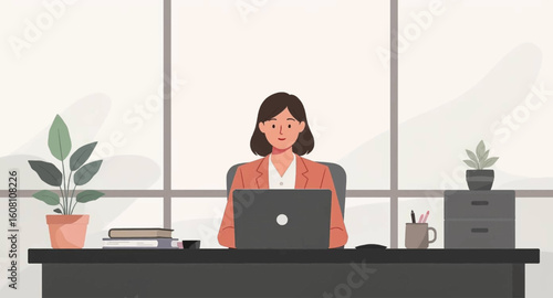 Smiling businesswoman working on laptop in modern office. Ideal for website banners, brochures, or presentations.