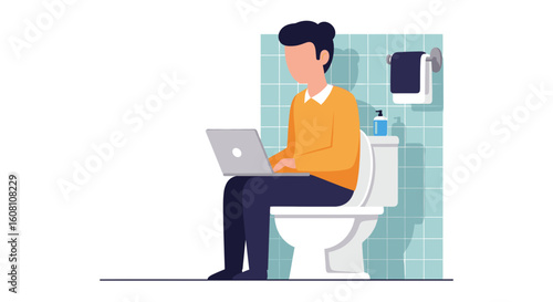 Man working on laptop while sitting on toilet - Illustration for articles about work-life balance, remote work challenges, or humor.