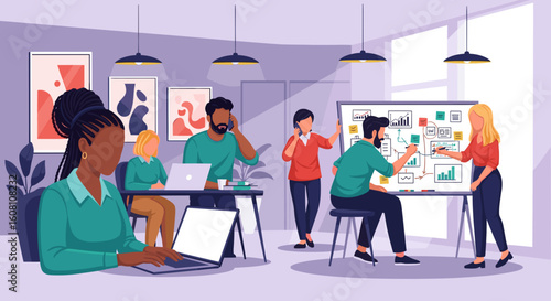 Diverse team brainstorming and working together in a modern office. Perfect for business presentations, website landing pages, and marketing materials.