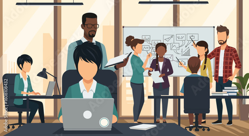 Diverse team brainstorming in modern office, perfect for website landing pages or company brochures.