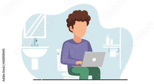 Illustration of a person working on a laptop while sitting on the toilet.  Perfect for articles on work-life balance or humorous social media posts.