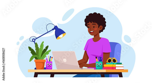 Happy young woman working from home on laptop, perfect for websites and blogs about remote work.