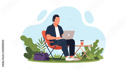 Man working on laptop outdoors, perfect for remote work, freelance, or digital nomad lifestyle blogs and websites.