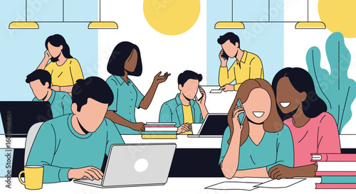 Diverse team of colleagues working together in a modern office, ideal for presentations on teamwork and collaboration.