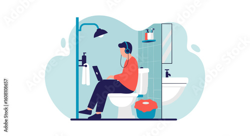 Man working on laptop in bathroom, perfect for articles on work-life balance or remote work.