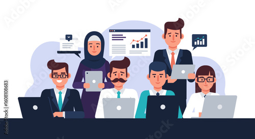 Diverse business team collaborating on laptops and tablets, ideal for website banners or presentations.