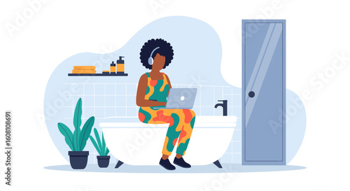 Woman working on laptop in bathtub, modern lifestyle illustration for blog, website or social media.