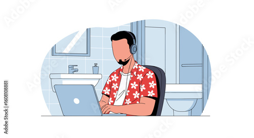Illustration of a man working from home, using a laptop and headset in a bathroom setting. Perfect for articles about remote work, flexible work arrangements, or work-life balance.