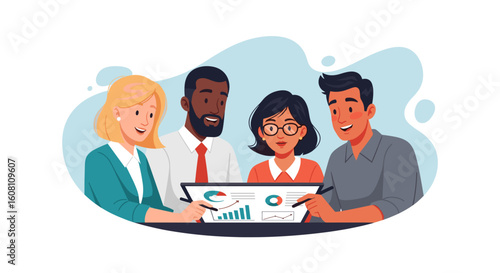 Diverse business team collaborating on a project, reviewing data and charts. Ideal for presentations, websites, and marketing materials.