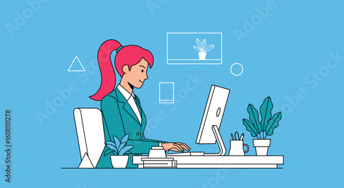 Modern illustration of a businesswoman working on her computer, perfect for website banners or business presentations.
