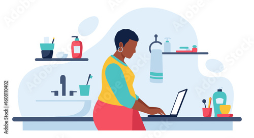 Woman working on laptop in bathroom, perfect for blog posts about work-life balance or remote work.