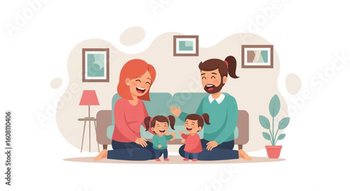 Happy family with two daughters playing at home. Perfect for family blogs, parenting websites, or children's product advertisements.