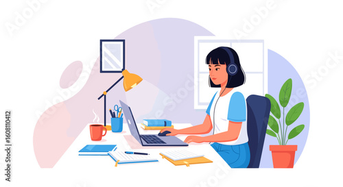 Young woman working from home, perfect for blog posts about remote work, online learning, or freelance life.
