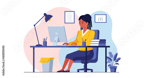 African American businesswoman working on computer in modern office. Ideal for website landing pages, brochures, and marketing materials.