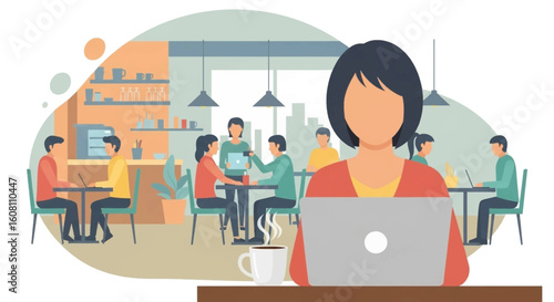 Busy Coworking Space: Diverse People Working on Laptops and Communicating, Ideal for Business Website or Brochure