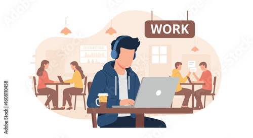 Young man working on laptop in a coworking space, ideal for website banners or blog posts about remote work.