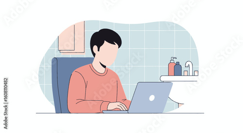 Person working on laptop in bathroom, ideal for articles on work-life balance or remote work.