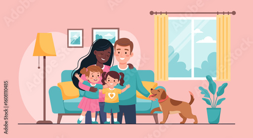 Happy family with two daughters and a dog at home, perfect for family blogs or websites.