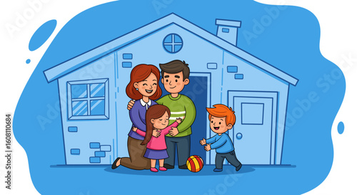Happy family in front of their new house. Illustration perfect for real estate websites, brochures, and family-themed projects.